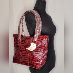 Red Croc Embossed Tote Bag | Glossy Structured Shoulder Bag | NWT
